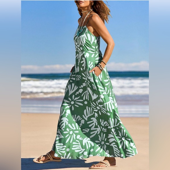 MEROKEETY Floral Boho Maxi Casual Sleeveless Spaghetti Strap Smocked Long Dress - Picture 2 of 4